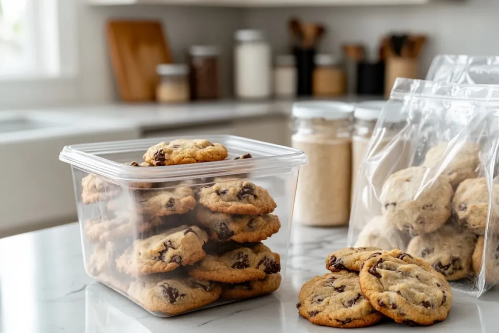 Freshly baked cookies stored in an airtight container with a slice of bread to maintain moisture.