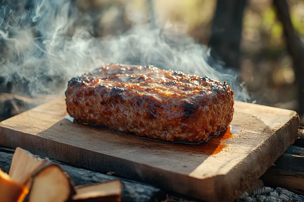 Smoked meatloaf on a cutting board surrounded by smoke and wood chips