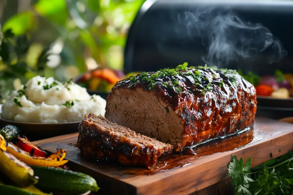 Sliced smoked meatloaf with BBQ glaze on a rustic wooden board surrounded by side dishes and a smoker in the background.