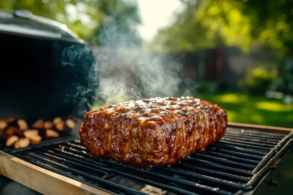 Perfectly smoked meatloaf on a BBQ smoker in a backyard setting.