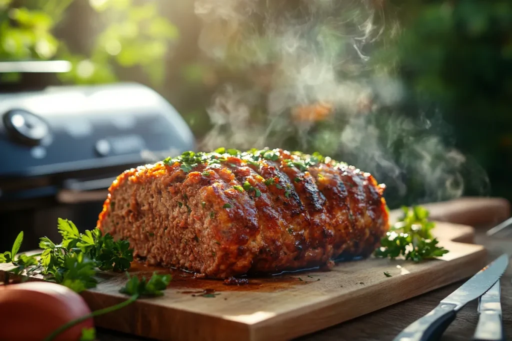 Smoked meatloaf resting on a wooden board beside a modern pellet smoker with smoke swirling around.