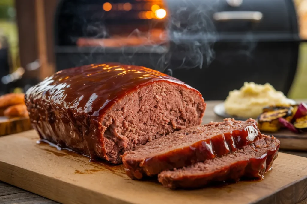 Smoked meatloaf with BBQ glaze sliced on a wooden cutting board, with a smoker in the background and side dishes like mashed potatoes and grilled vegetables.