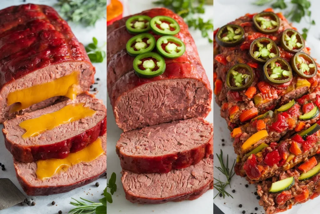 Three variations of smoked meatloaf: cheese-stuffed, spicy with jalapeños, and veggie-packed with colorful vegetables, sliced open on a rustic counter.