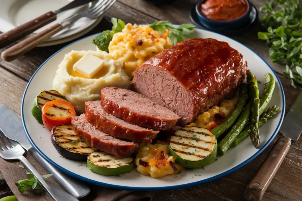 Sliced smoked meatloaf served with mashed potatoes, grilled vegetables, and mac and cheese on a rustic wooden table.