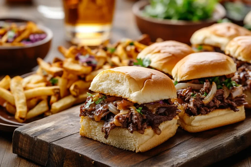 Philly cheesesteak sliders with sides like French fries, coleslaw, and a refreshing drink