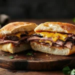 Close-up of a Philly cheesesteak sandwich with a golden hoagie roll, sliced beef, and melted cheese on a rustic wooden board.