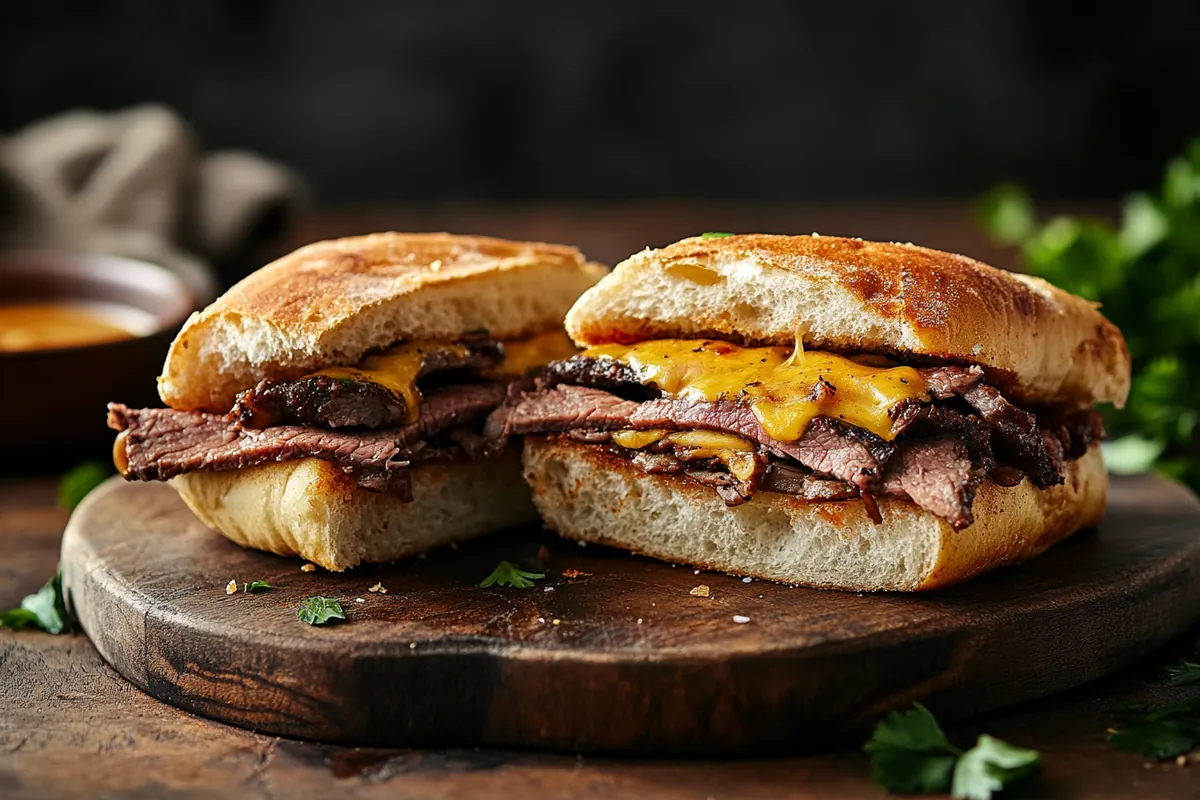 Close-up of a Philly cheesesteak sandwich with a golden hoagie roll, sliced beef, and melted cheese on a rustic wooden board.