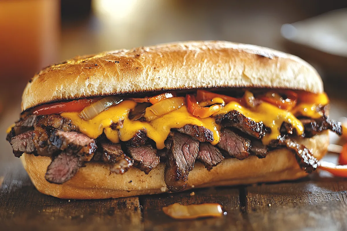 Philly cheesesteak sandwich with melted cheese on a hoagie roll