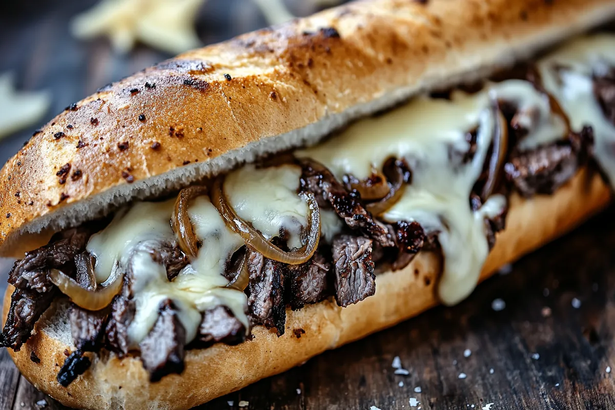 Close-up of a Philly cheesesteak sandwich with melted shredded cheese and caramelized onions