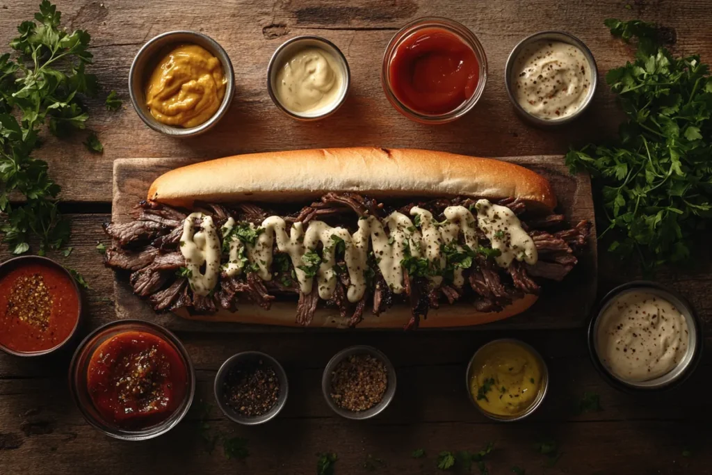 Philly cheesesteak with dipping sauces on a rustic table