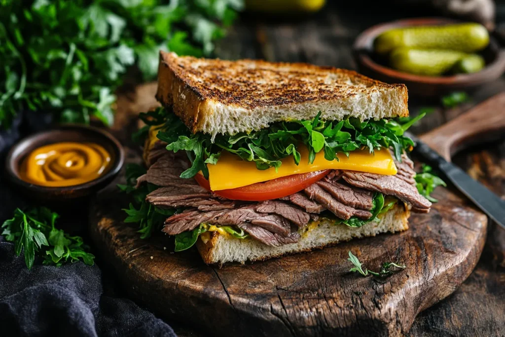 Cold roast beef sandwich with fresh toppings on rustic board