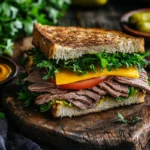 Cold roast beef sandwich with fresh toppings on rustic board