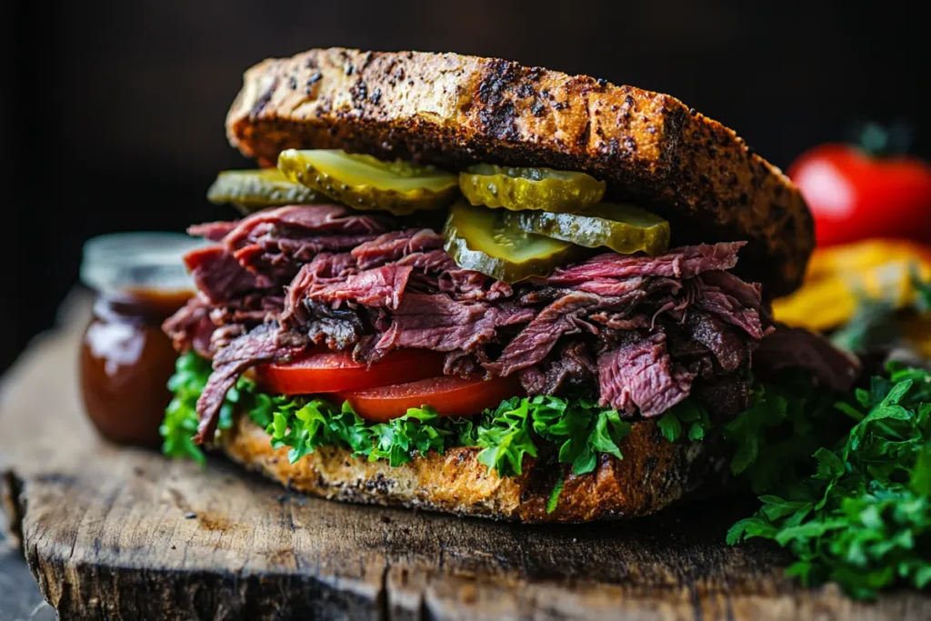 Cold roast beef sandwich with fresh lettuce, tomatoes, and pickles on a crusty bread.