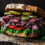 Cold roast beef sandwich with fresh lettuce, tomatoes, and pickles on a crusty bread.