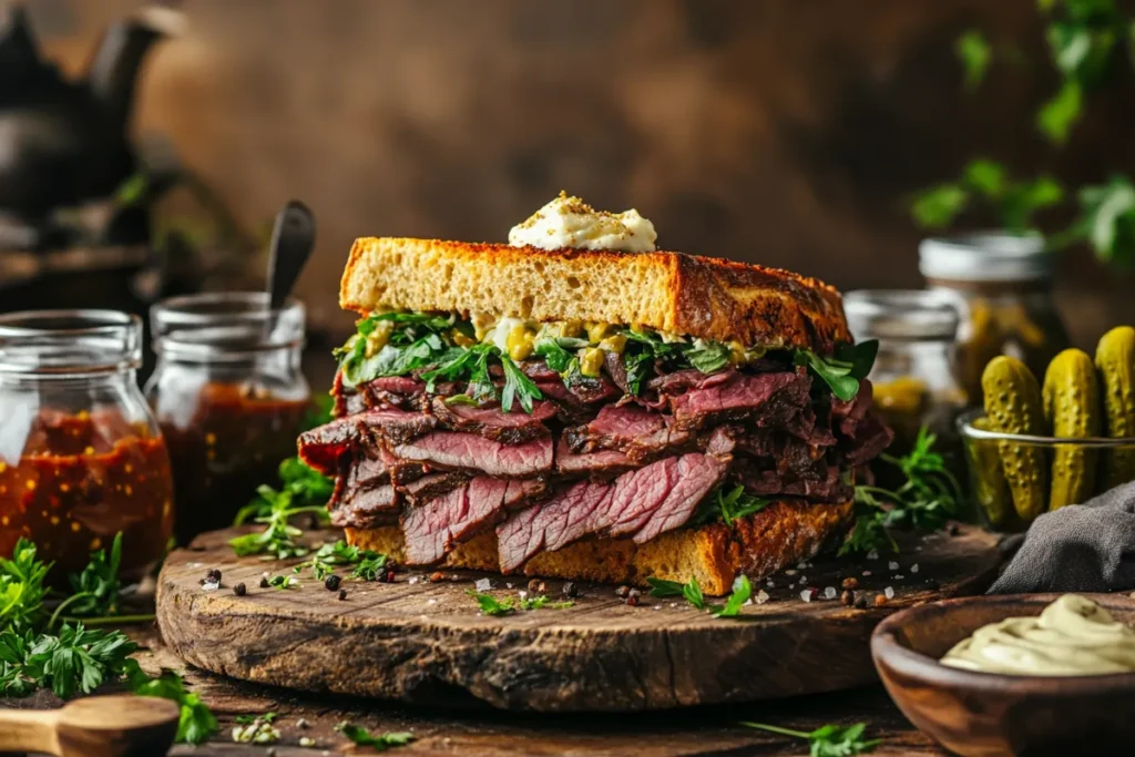 Roast beef sandwich with condiments and fresh greens on a wooden board