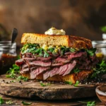 Roast beef sandwich with condiments and fresh greens on a wooden board