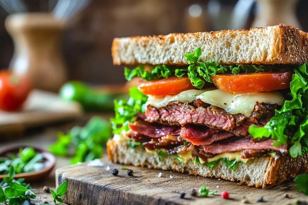 A gourmet roast beef sandwich with fresh ingredients on a wooden table.