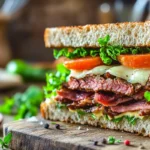 A gourmet roast beef sandwich with fresh ingredients on a wooden table.