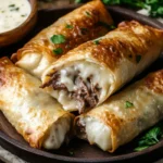 A plate of golden-brown Philly cheesesteak egg rolls with cheese sauce on a rustic wooden table.