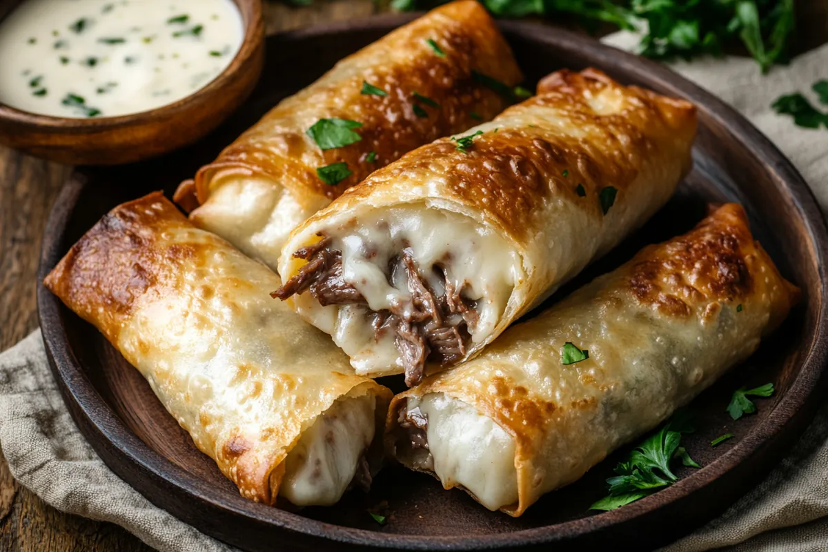 A plate of golden-brown Philly cheesesteak egg rolls with cheese sauce on a rustic wooden table.