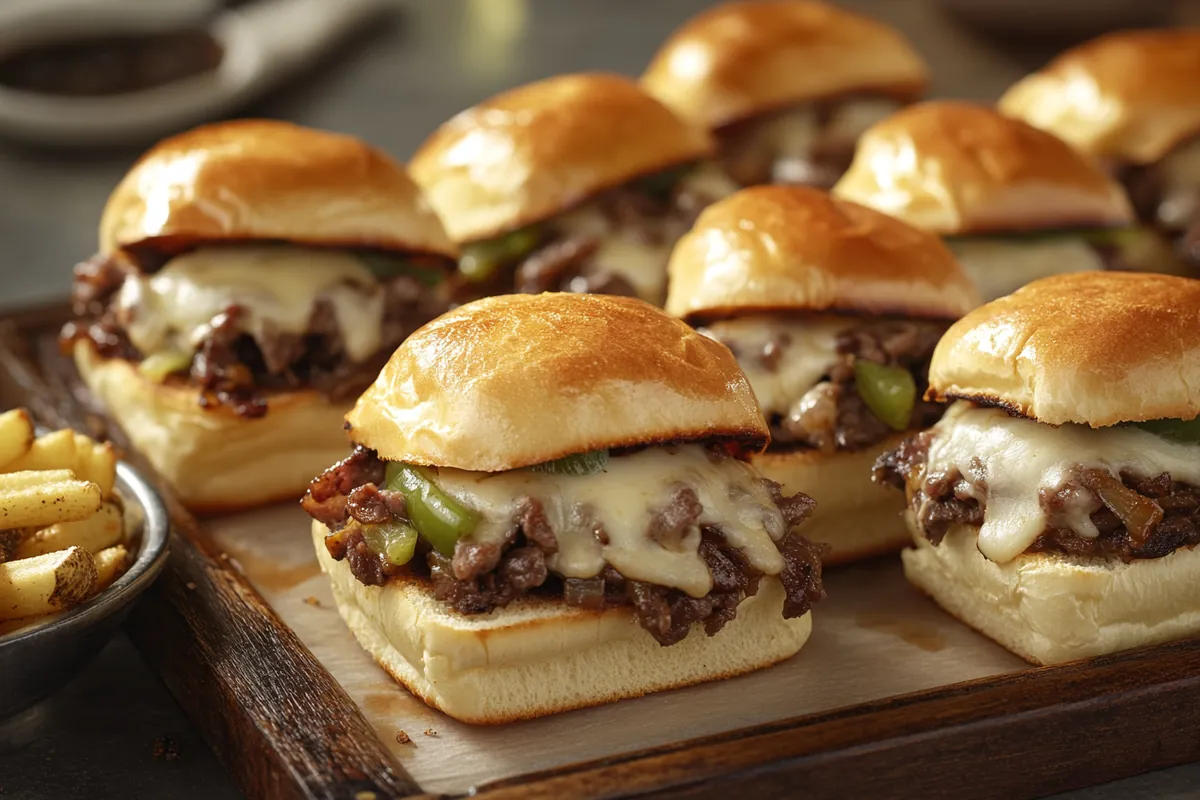 Philly cheesesteak sliders with melted cheese, beef, onions, and peppers on a wooden tray