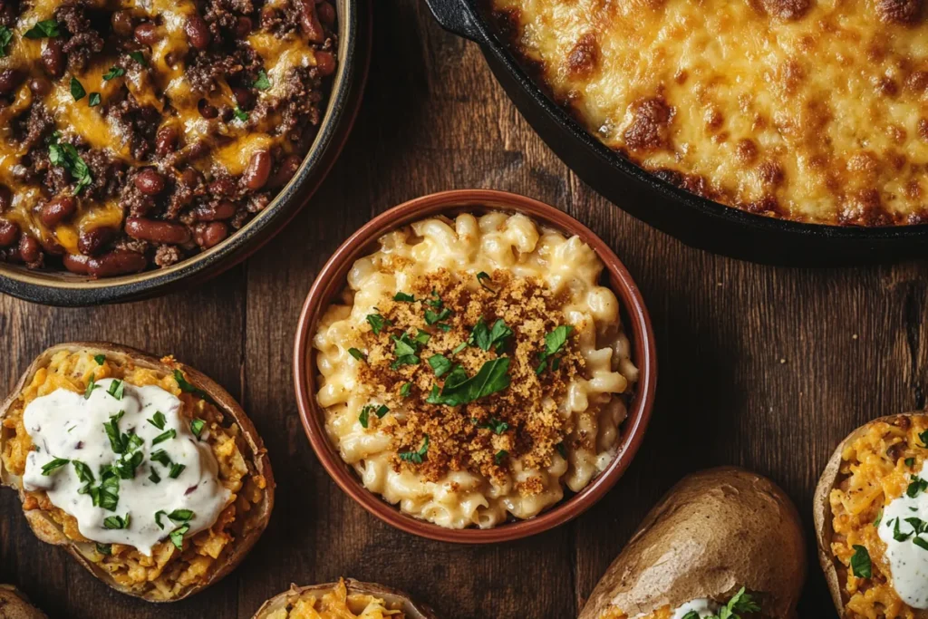 Hearty sides like mac and cheese, baked beans, and loaded potato skins with Philly cheesesteak sliders