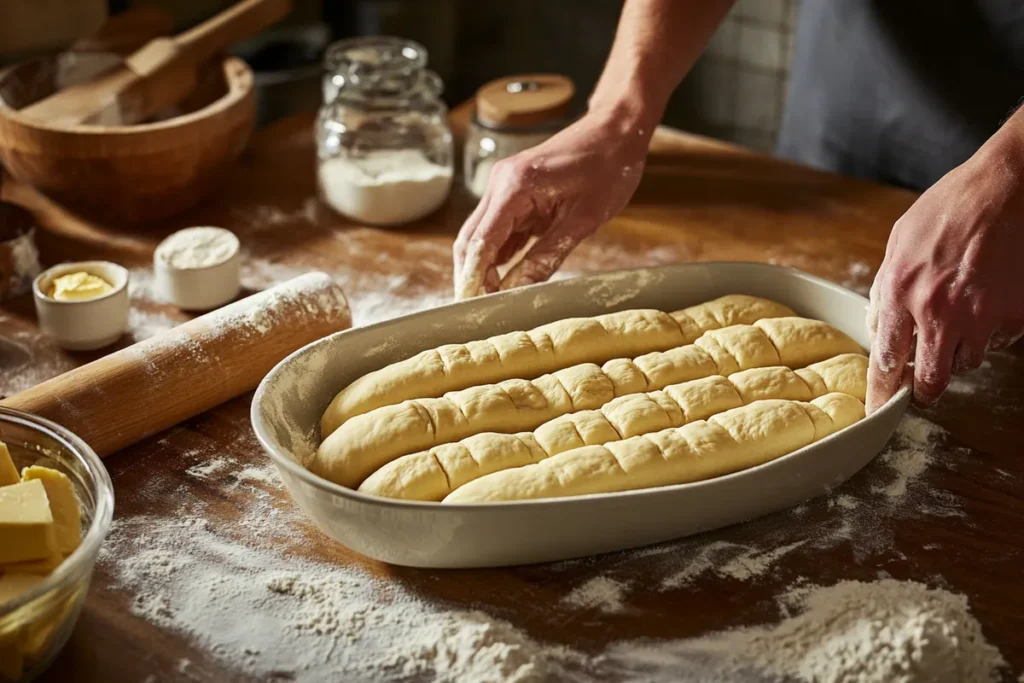 A baker shaping cheesesteak rolls from dough on a floured wooden countertop with ingredients in the background.