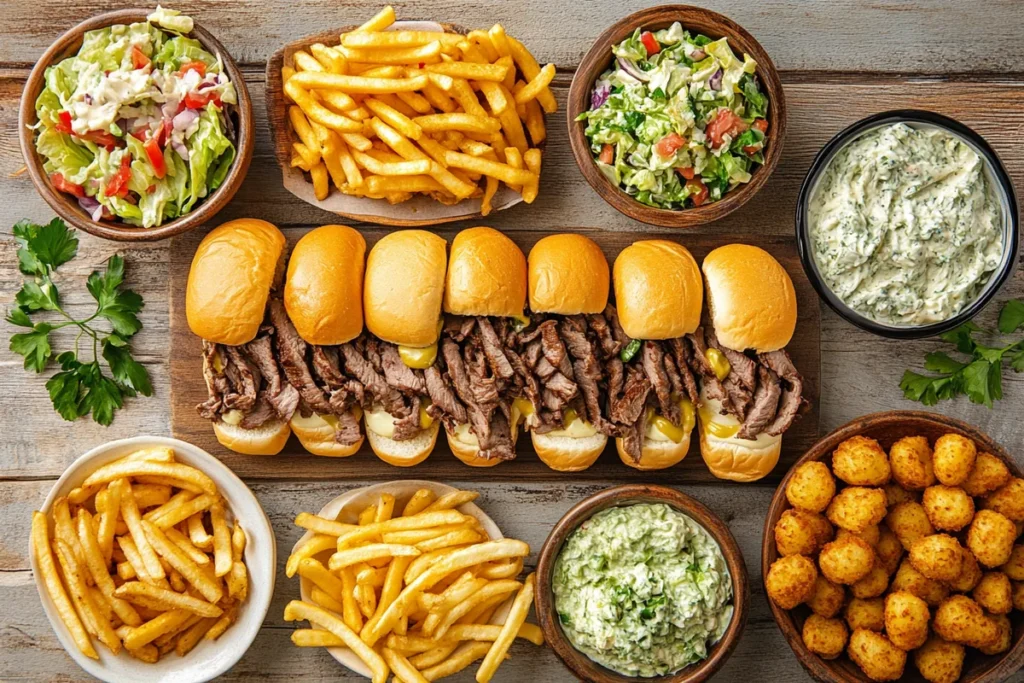 Philly cheesesteak sliders with sides of fries, tater tots, coleslaw, pickles, Caesar salad, and green spaghetti