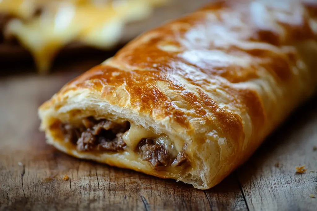 Close-up of a cheesesteak roll with a soft interior and crisp crust, highlighting its elongated shape and perfect texture.

