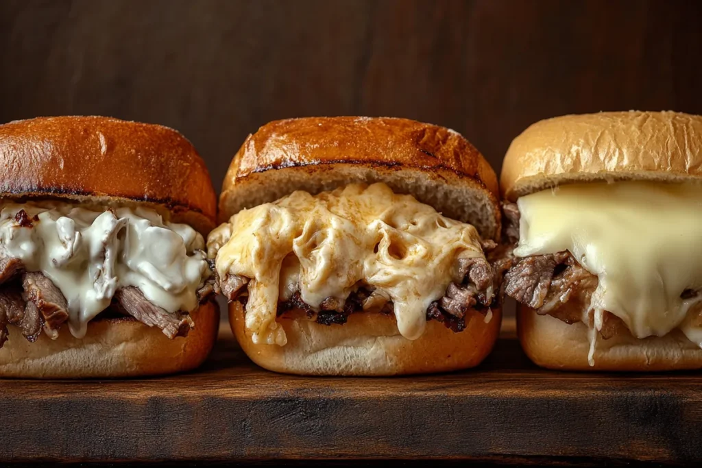 Three Philly cheesesteaks with Cheez Whiz, provolone, and white American cheese