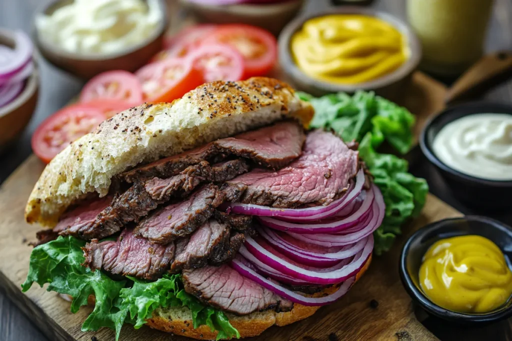 Cold roast beef sandwich with condiments and fresh vegetables, highlighting texture and flavors.