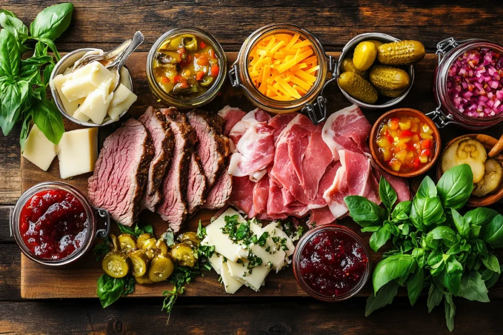 Creative sandwich condiments with roast beef, pickles, jams, and fresh greens