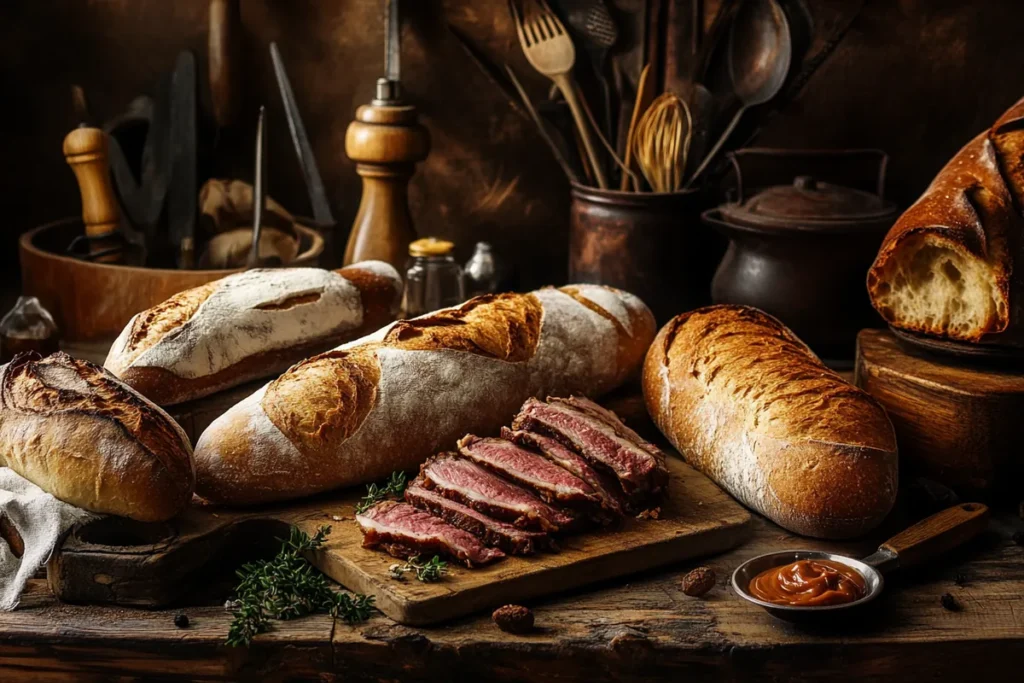 An artistic display of traditional breads with roast beef and condiments on a wooden surface.