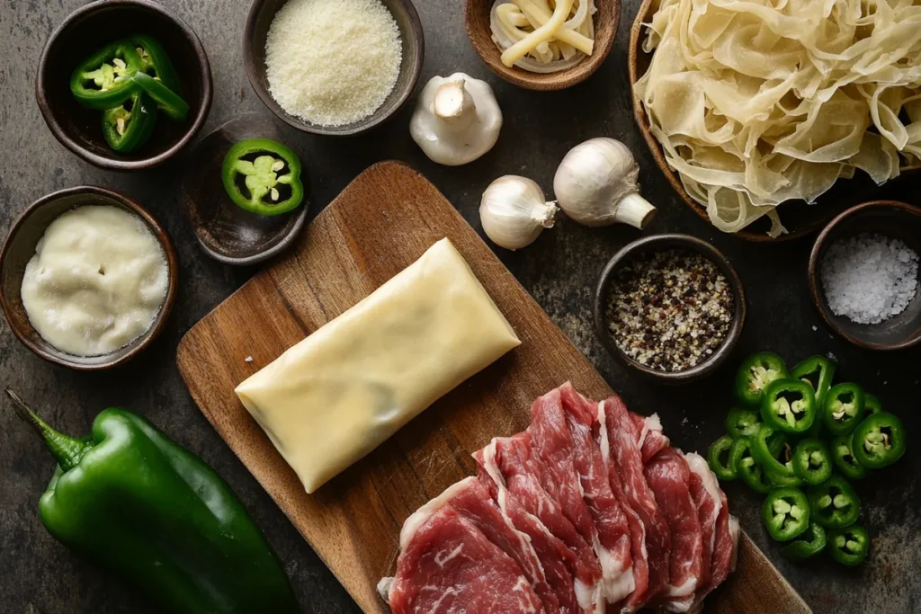 A display of fresh ingredients for Philly cheesesteak egg rolls, including beef, cheese, onions, peppers, and seasonings on a wooden cutting board.