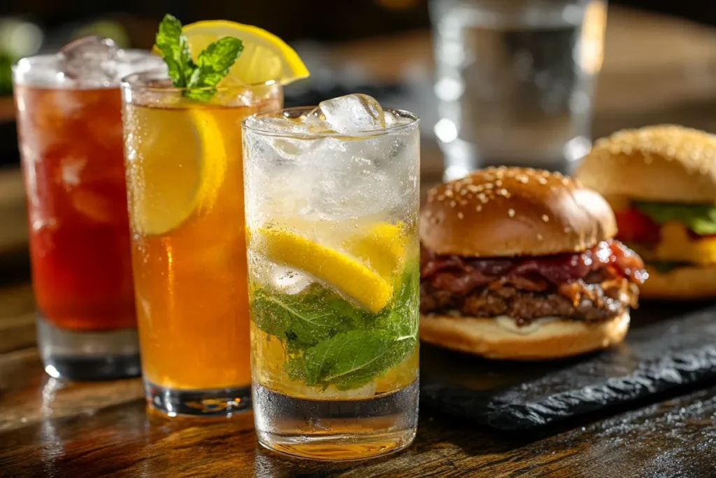 Non-alcoholic beverage options like iced tea, sparkling water, and lemonade with Philly cheesesteak sliders