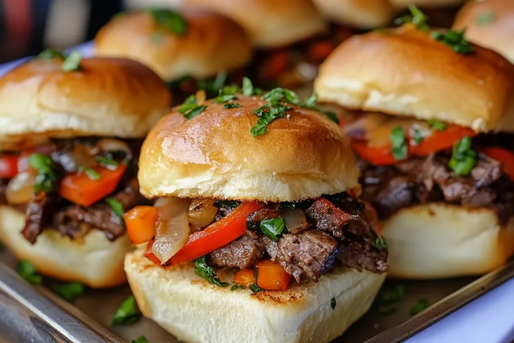 Philly cheesesteak sliders with beef, melted cheese, and vegetables on a tray