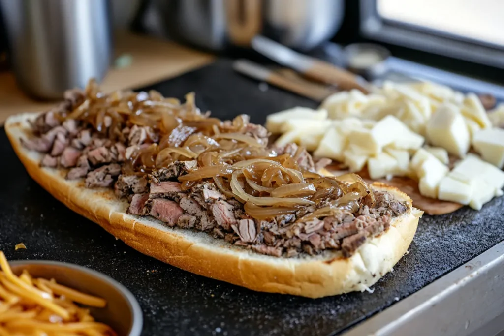 Preparing a homemade Philly cheesesteak with ribeye, cheese, and caramelized onions