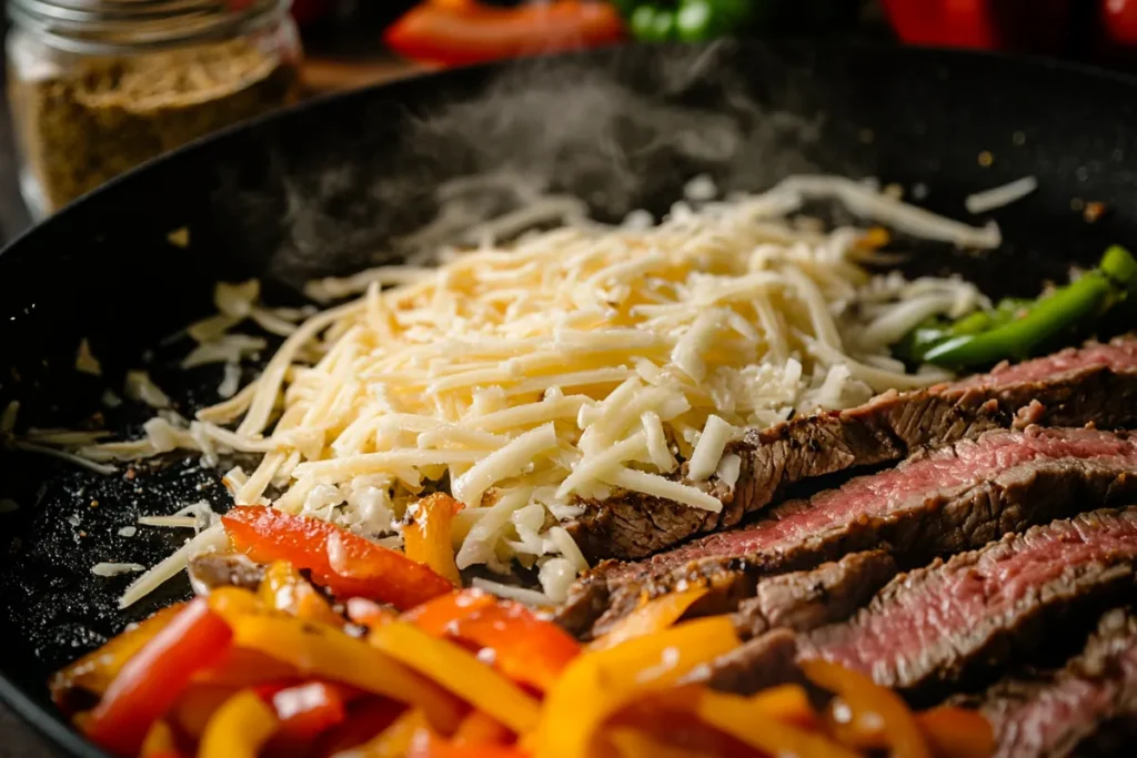 Close-up of cheesesteak preparation with ribeye steak, shredded cheese, onions, and peppers on a skillet