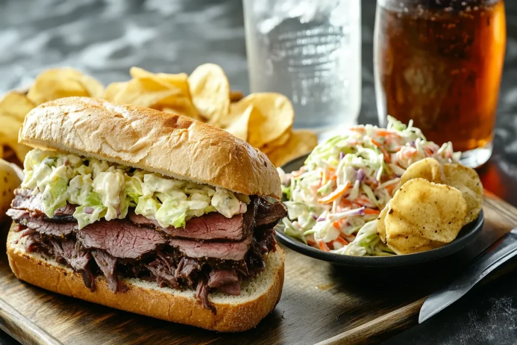 Cold roast beef sandwich with potato salad, coleslaw, and iced tea pairing.