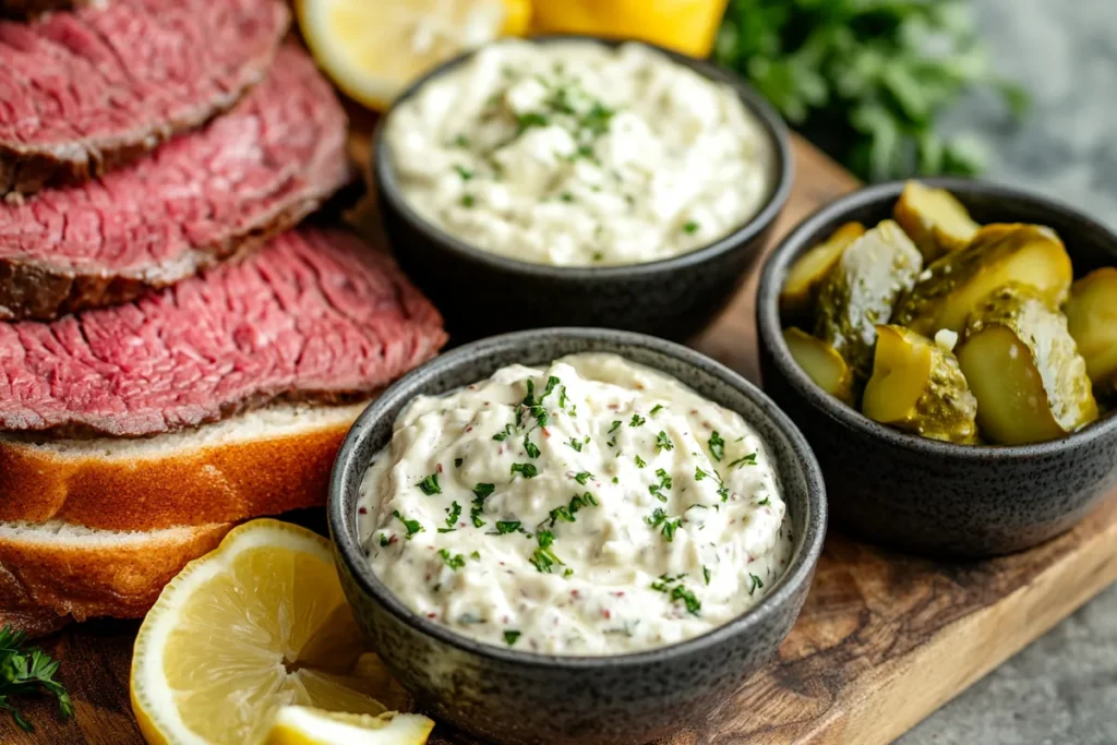 Bowls of horseradish cream sauce, garlic aioli, and sweet & tangy relish with ingredients