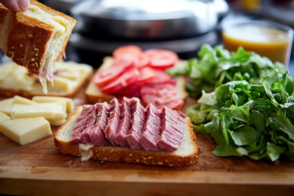 Step-by-step visual of sandwich assembly with bread, roast beef, cheese, and vegetables.