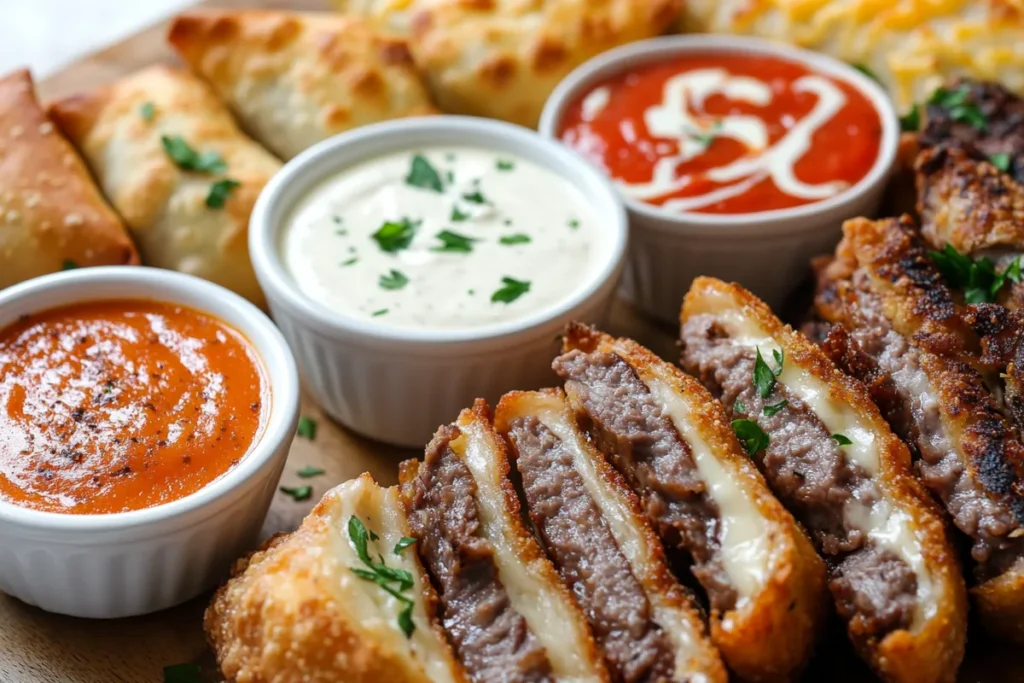 A wooden serving tray with Philly cheesesteak egg rolls and a selection of dipping sauces, including cheese sauce, spicy mayo, ranch, and marinara.