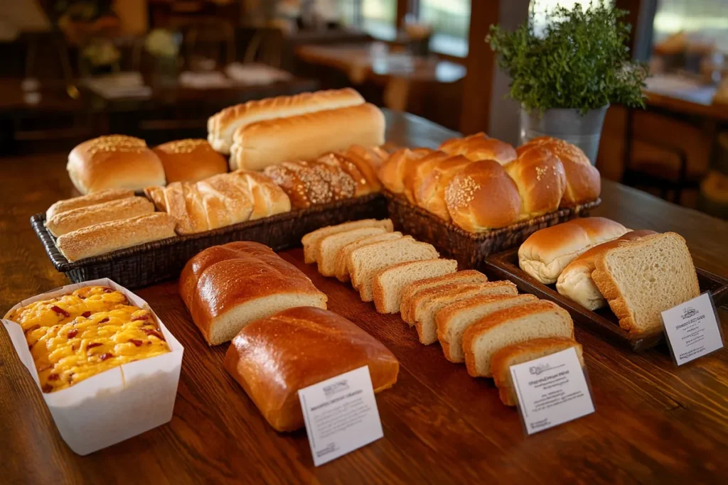 A variety of alternative rolls for cheesesteaks, including ciabatta, French bread, whole wheat, and gluten-free options, arranged on a wooden table.