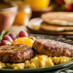 Savory breakfast sausage patties and links paired with pancakes and eggs.