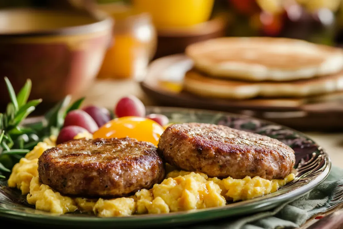 Savory breakfast sausage patties and links paired with pancakes and eggs.