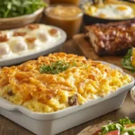 A table with hashbrown casserole served alongside eggs, salad, and grilled chicken.