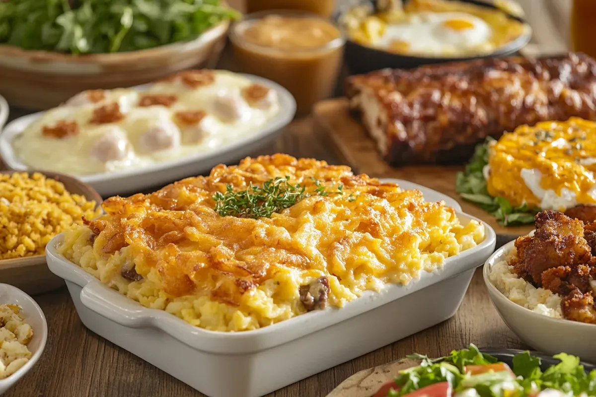 A table with hashbrown casserole served alongside eggs, salad, and grilled chicken.