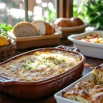 A breakfast table with a golden breakfast casserole and layered strata in rustic dishes, surrounded by bread and fruits.