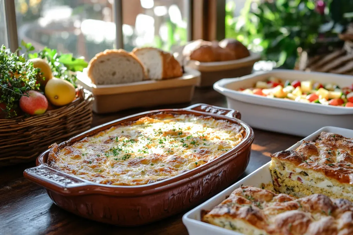 A breakfast table with a golden breakfast casserole and layered strata in rustic dishes, surrounded by bread and fruits.