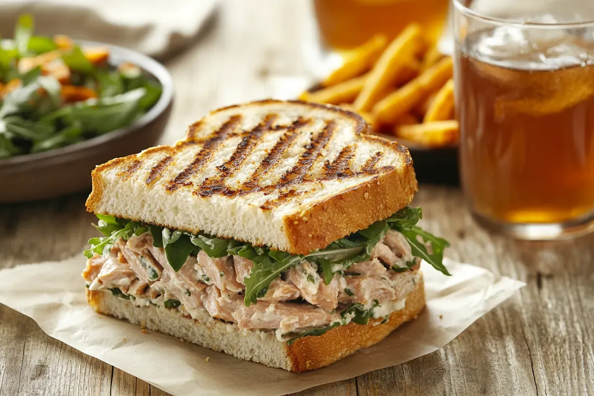 A grilled tuna salad sandwich with crispy bread, fresh greens, and side dishes on a rustic table.